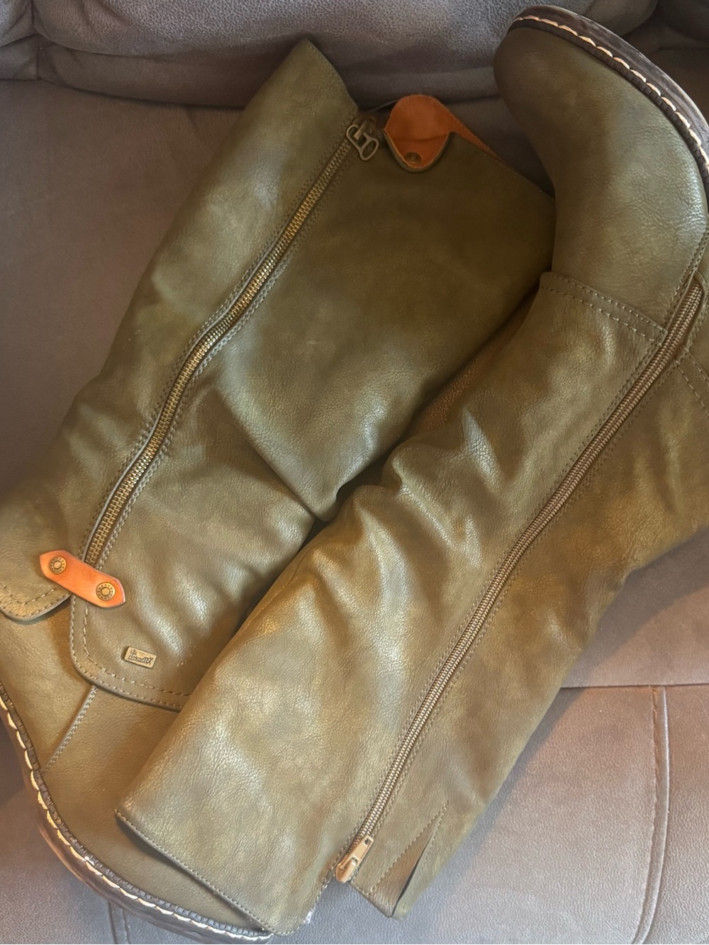 Rieker Olive Green Leather Tall Women's Boots with Tan Accents